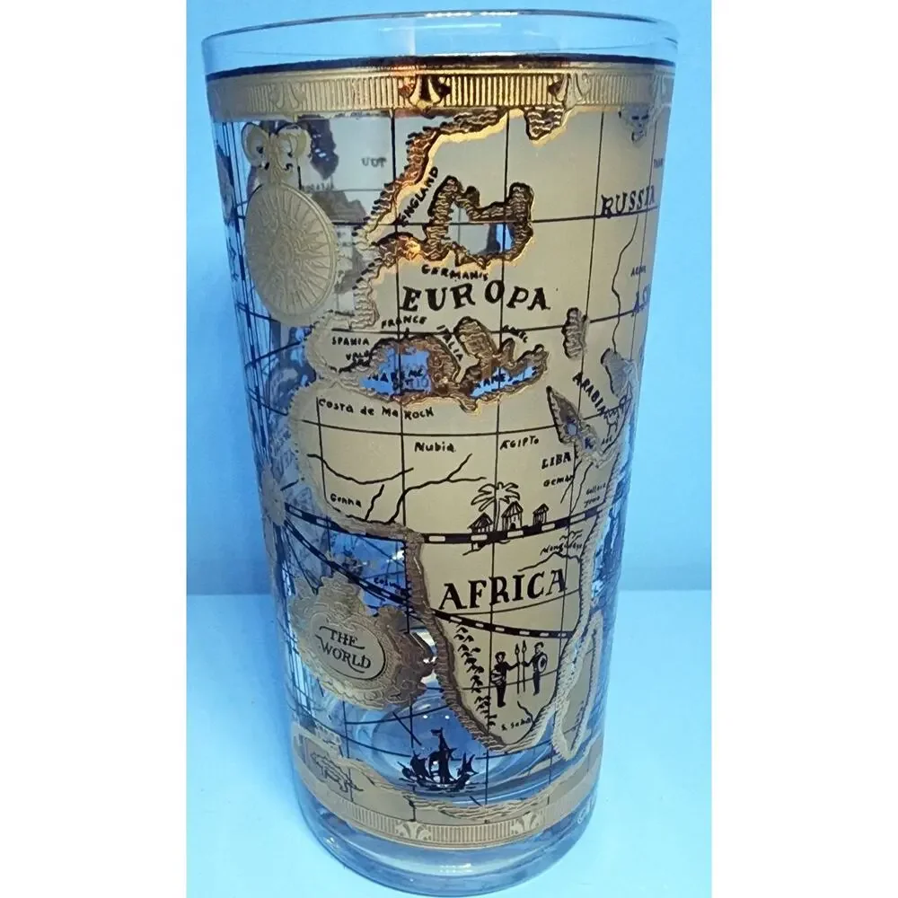 Vintage Cera Atlas Old World Map Highball Glasses 22K Gold Mid Century Modern